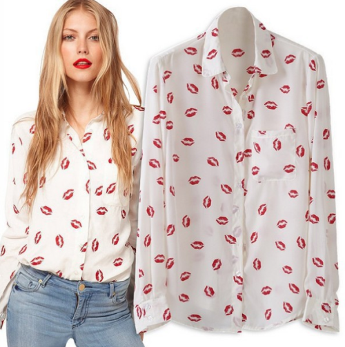 шифоновая блузка-рубашка с поцелуями