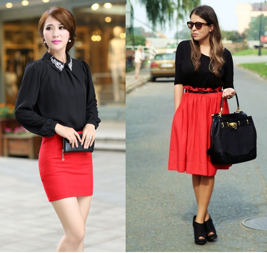 Черная блузка и красная юбка