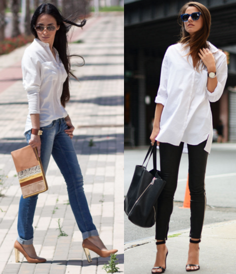 Длинная белая блузка и джинсы